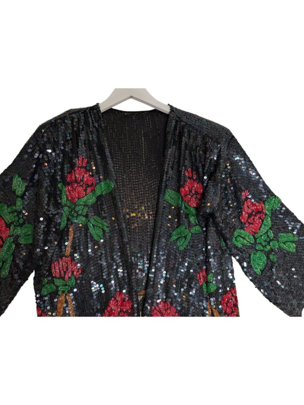 Vintage Black Sequin Kimono Floral & Flamingo Beaded Embroidery Open Front One S - Picture 12 of 15